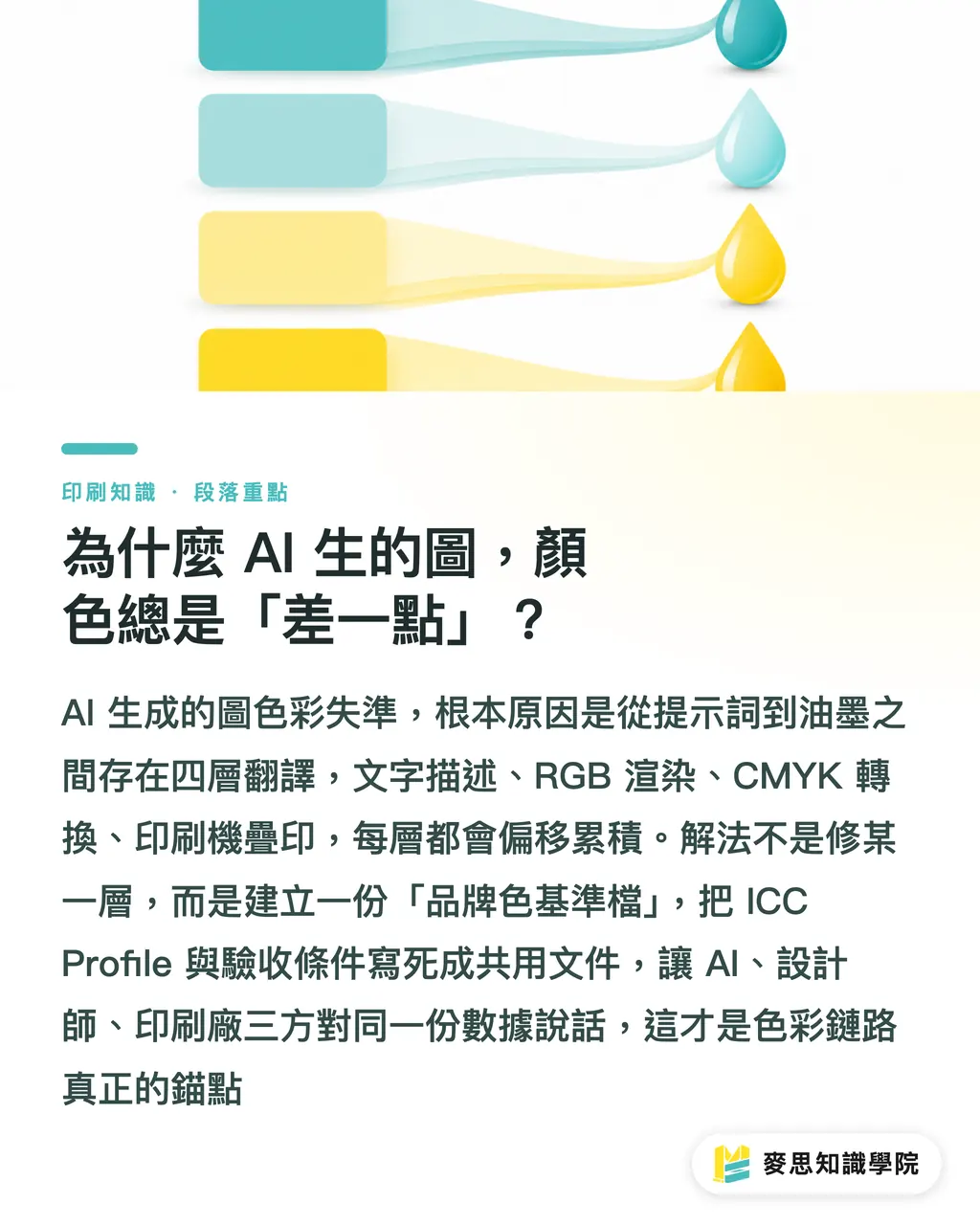 為什麼 AI 生的圖，顏色總是「差一點」？｜AI 協作的品牌色基準檔：從 ICC Profile 到 Pantone 的落地系統 段落重點