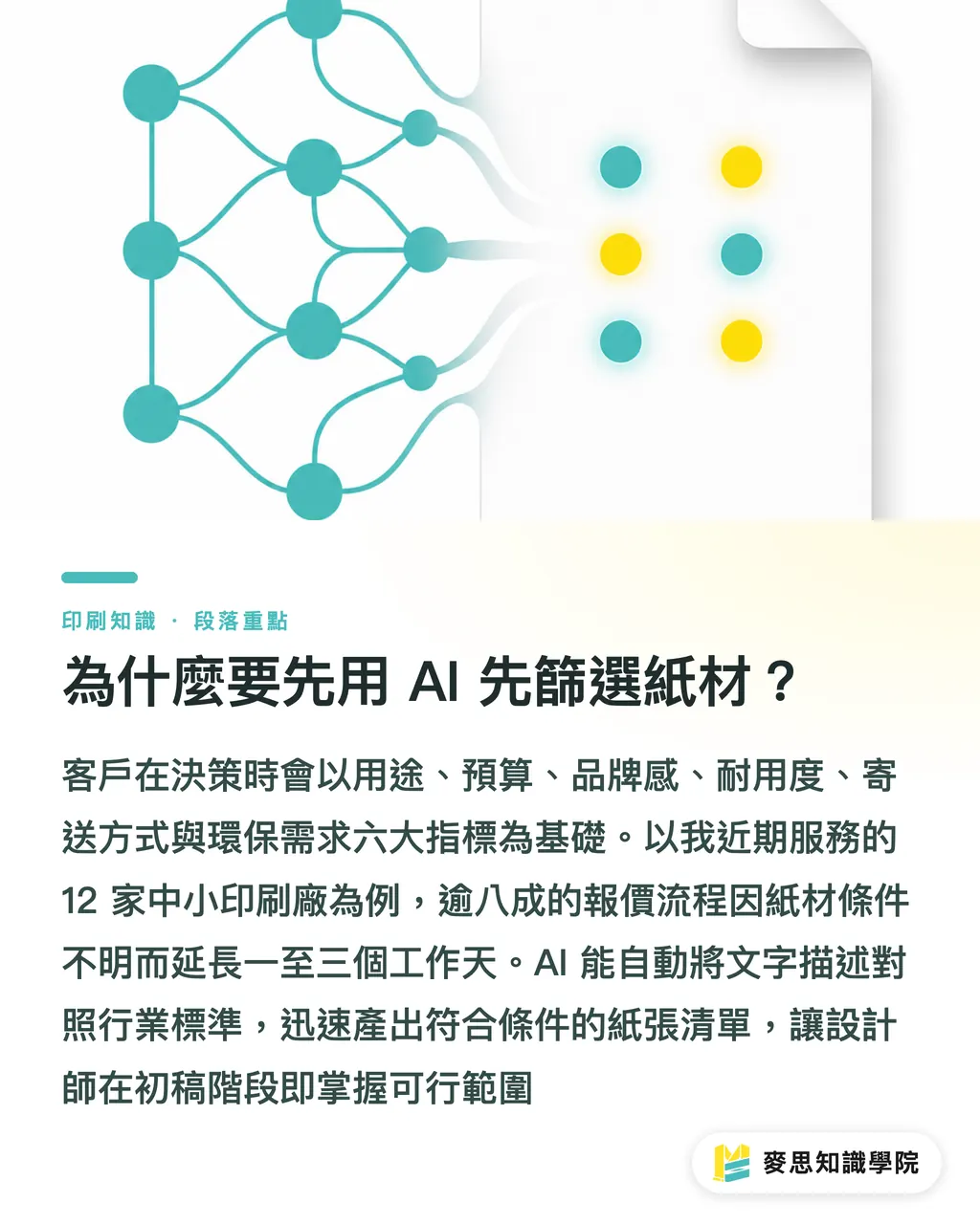 為什麼要先用 AI 先篩選紙材？｜AI 幫你選紙材加工：從概念到樣本的完整流程 段落重點