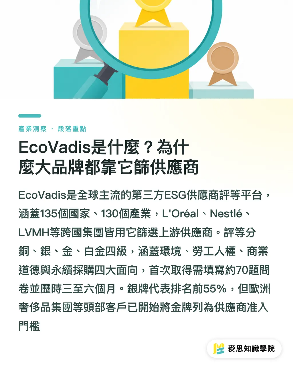 EcoVadis是什麼？為什麼大品牌都靠它篩供應商｜EcoVadis銀牌背後：當印版供應商拿到ESG評等，你的供應鏈資格審查也跟著變了 段落重點