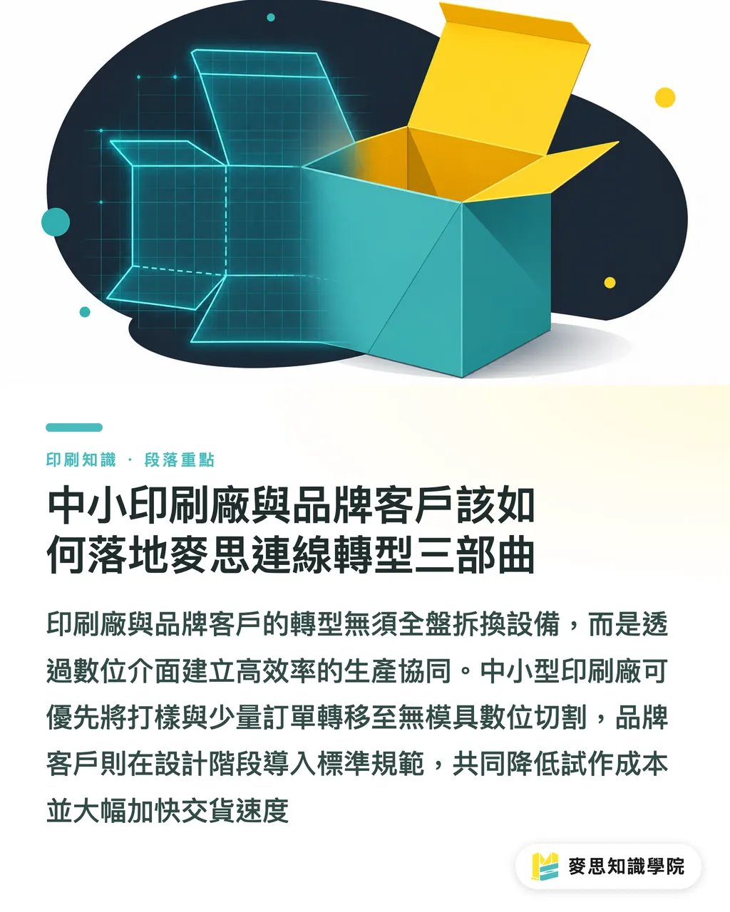 中小印刷廠與品牌客戶該如何落地麥思連線轉型三部曲|破解印刷廠缺工噩夢:從智慧數位切割到自動化連線生產的轉型關鍵 段落重點