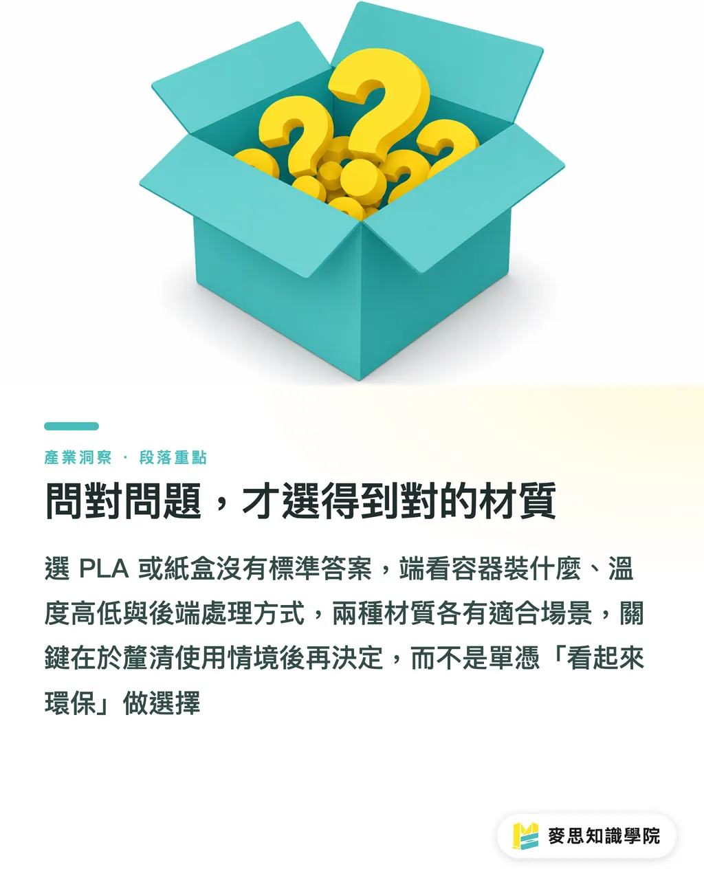 問對問題，才選得到對的材質｜PLA 玉米澱粉盒 vs 紙盒？食品包裝材質抉擇的真實考量 段落重點