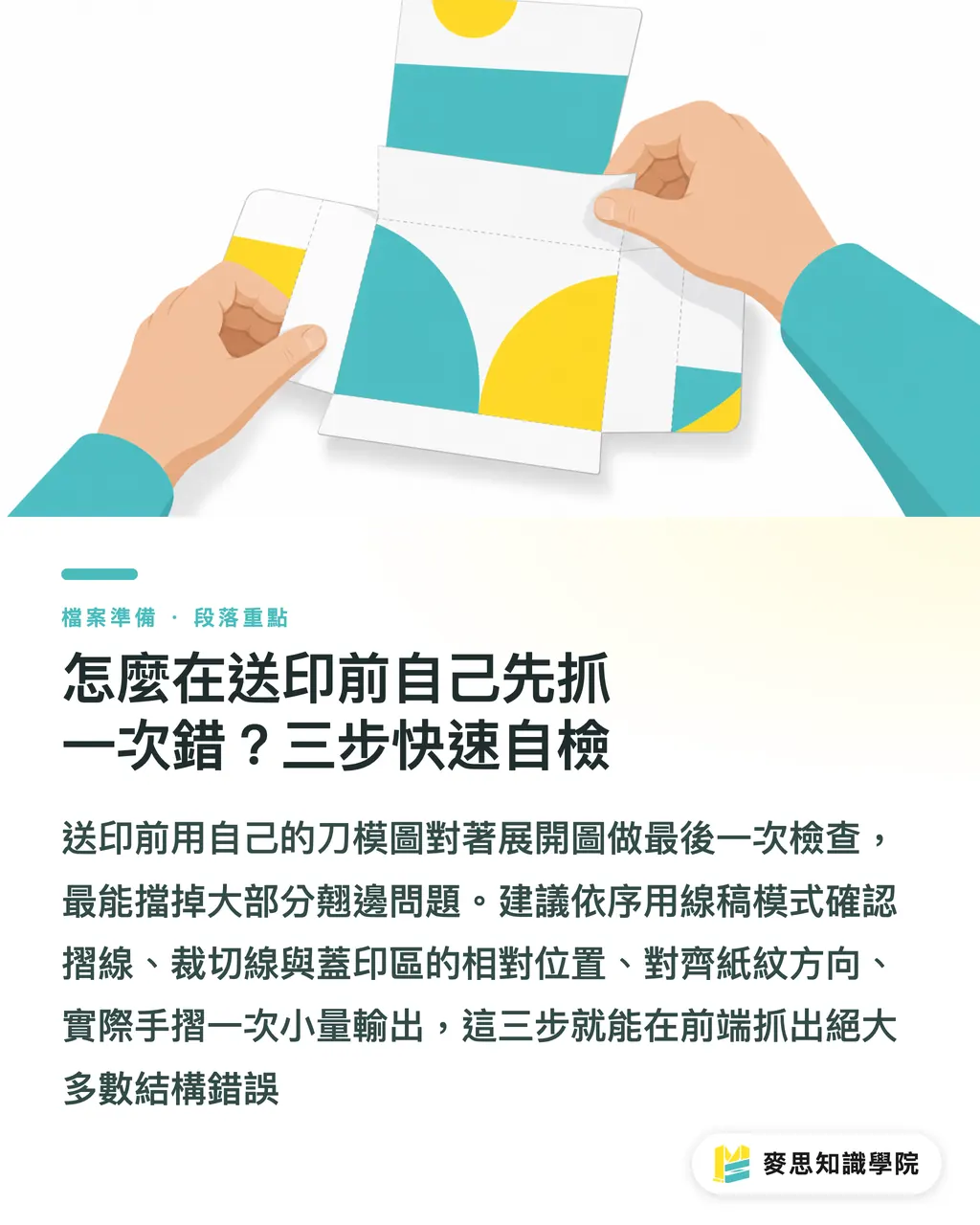 怎麼在送印前自己先抓一次錯？三步快速自檢｜包裝盒摺線總是翹起來？印刷到裁切的隱形地雷指南 段落重點