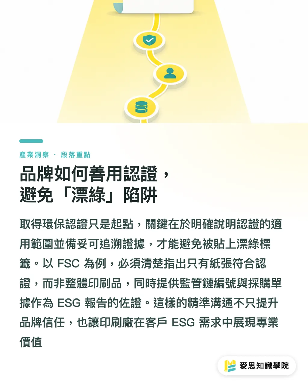 品牌如何善用認證，避免「漂綠」陷阱｜環保印刷認證怎麼看？給品牌與採購的FSC、碳標籤避坑指南 段落重點