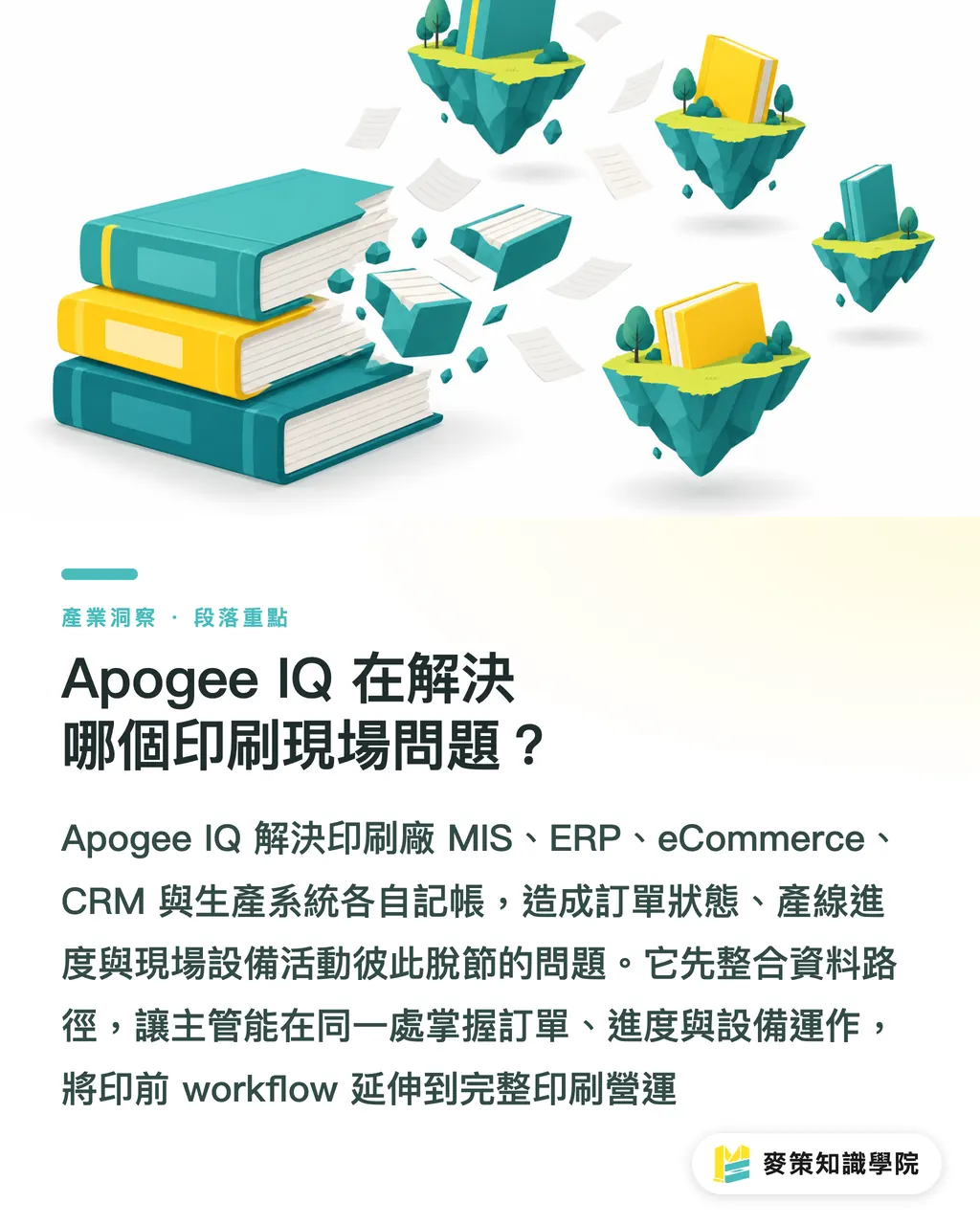 Apogee IQ 在解決哪個印刷現場問題？｜Apogee IQ：印刷廠 AI 整合的 3 個門檻 段落重點