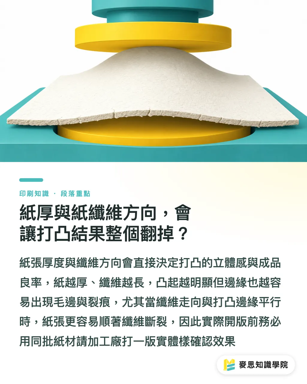 紙厚與紙纖維方向,會讓打凸結果整個翻掉?|打凸打凹套印怎麼不跑位?設計師交稿前的 6 道把關 段落重點