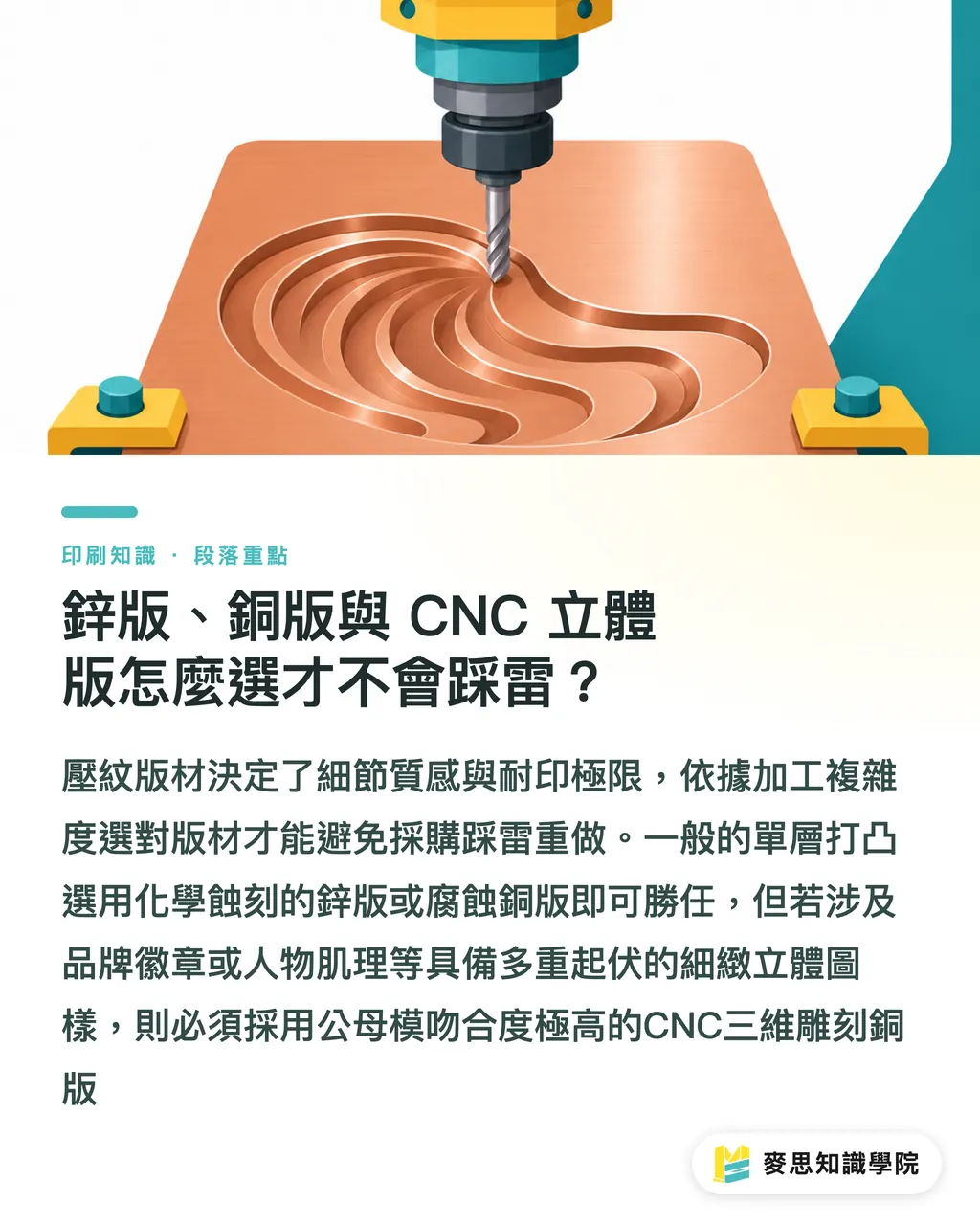鋅版、銅版與 CNC 立體版怎麼選才不會踩雷?|擊凸打凹爆線變形?鋅版銅版與CNC立體版選擇避坑指南 段落重點