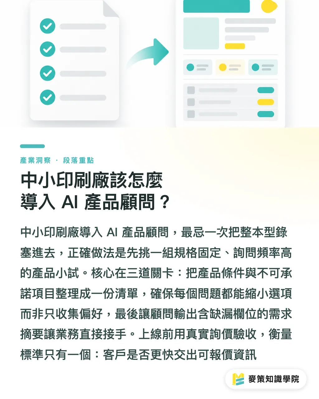 中小印刷廠該怎麼導入 AI 產品顧問？｜印刷廠導入 AI 顧問，別把官網當目錄 段落重點