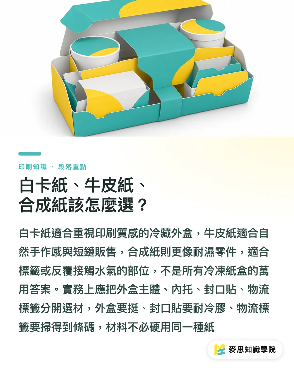 白卡紙、牛皮紙、合成紙該怎麼選？｜冷凍冷藏食品包裝選紙防雷指南 段落重點