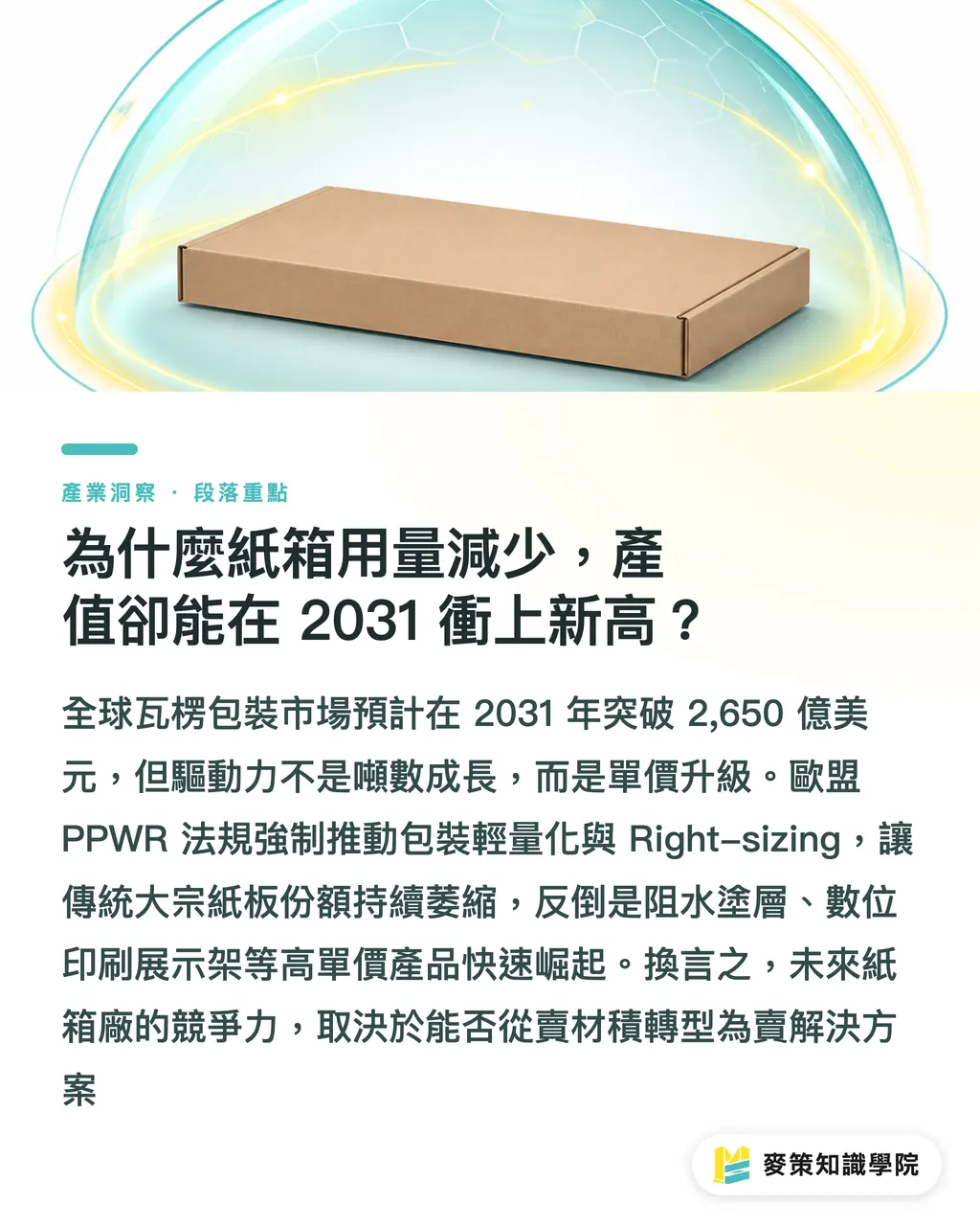 為什麼紙箱用量減少，產值卻能在 2031 衝上新高？｜瓦楞紙箱2031衝2,650億美元：台灣中小廠該賺哪一段的錢？ 段落重點