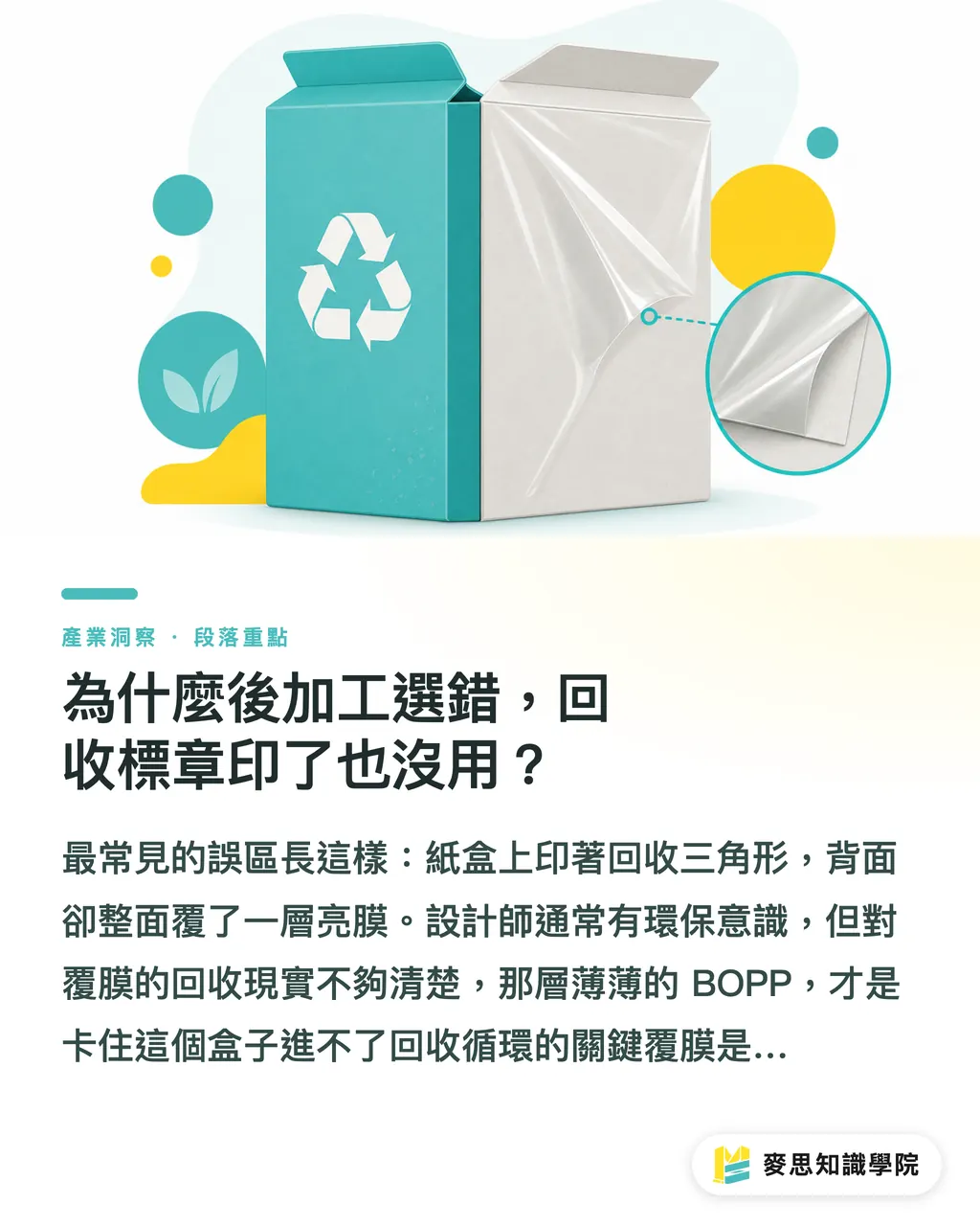 為什麼後加工選錯，回收標章印了也沒用？｜環保後加工怎麼選？六種工法的回收性與質感完整比較 段落重點