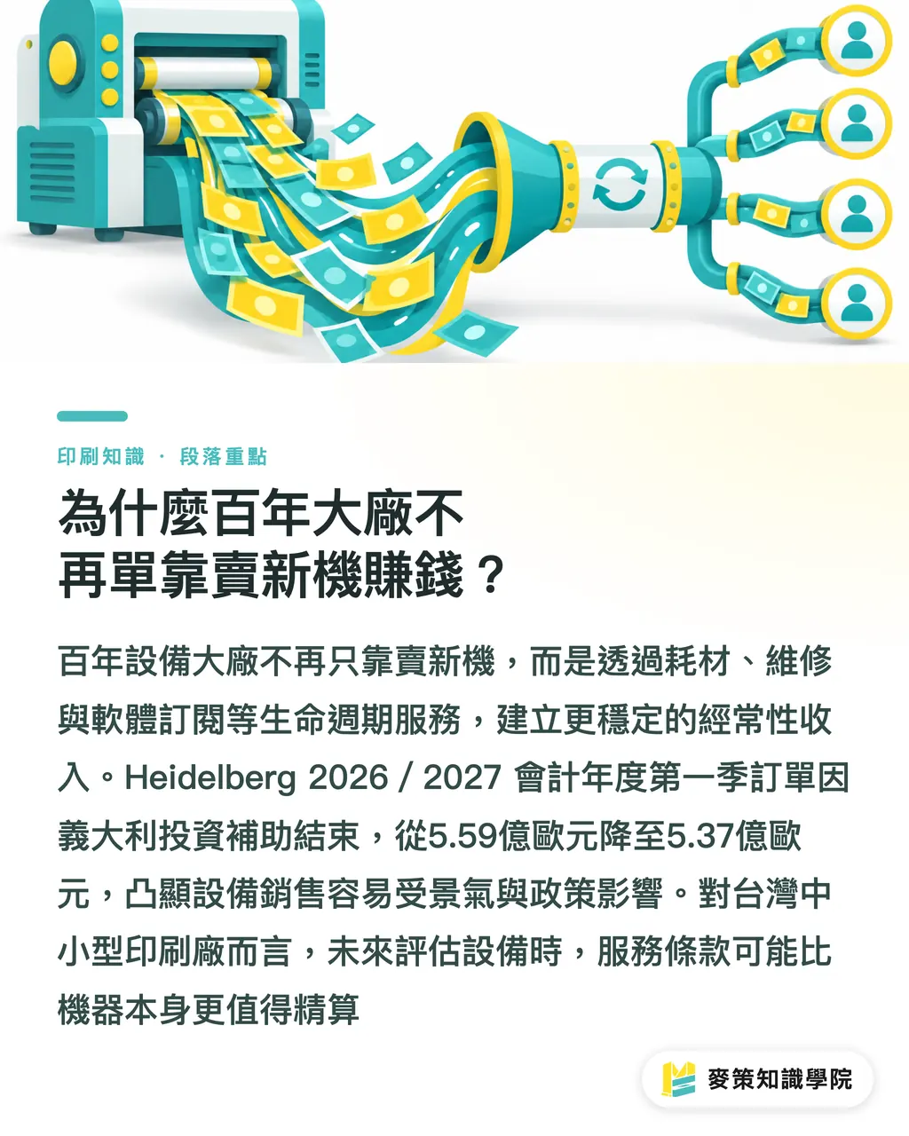 為什麼百年大廠不再單靠賣新機賺錢？｜海德堡改打平台戰，台灣中小印刷廠怎麼買下一台機？ 段落重點