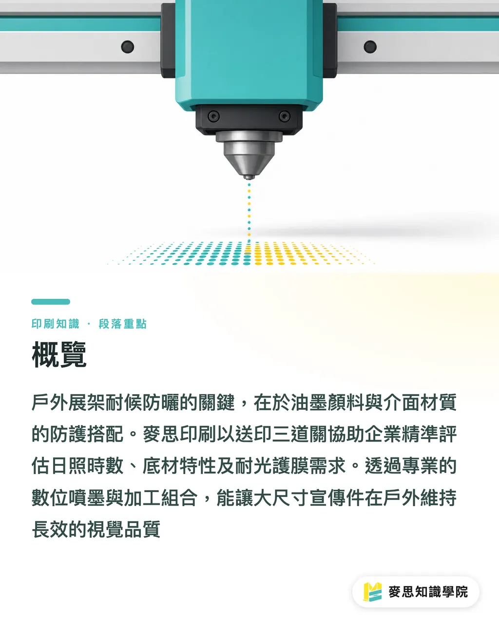 概覽｜戶外展架耐候防曬怎麼選？噴墨油墨與介面材質退色評估 段落重點
