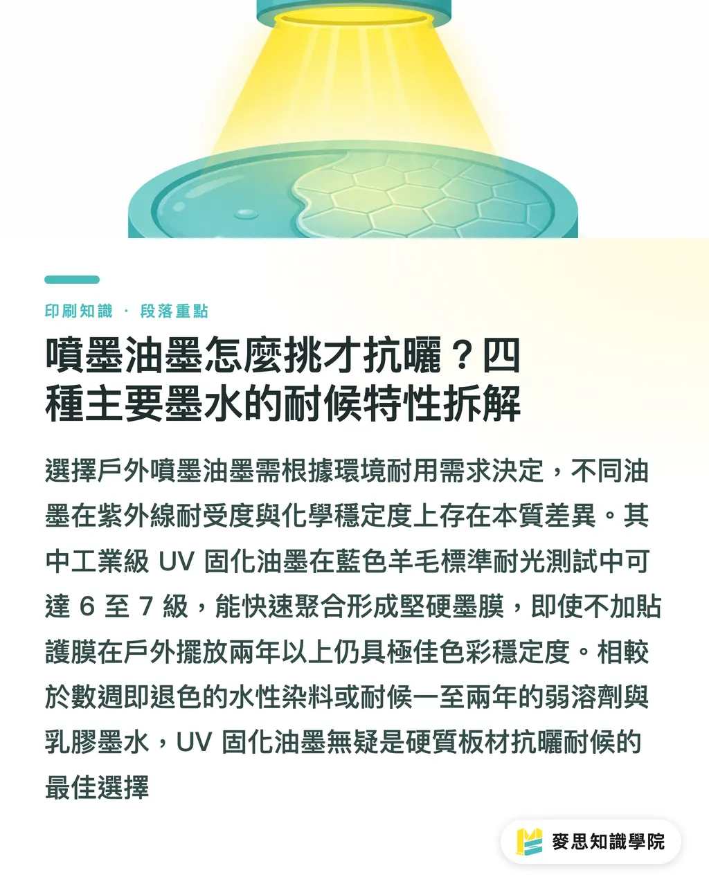 噴墨油墨怎麼挑才抗曬？四種主要墨水的耐候特性拆解｜戶外展架耐候防曬怎麼選？噴墨油墨與介面材質退色評估 段落重點