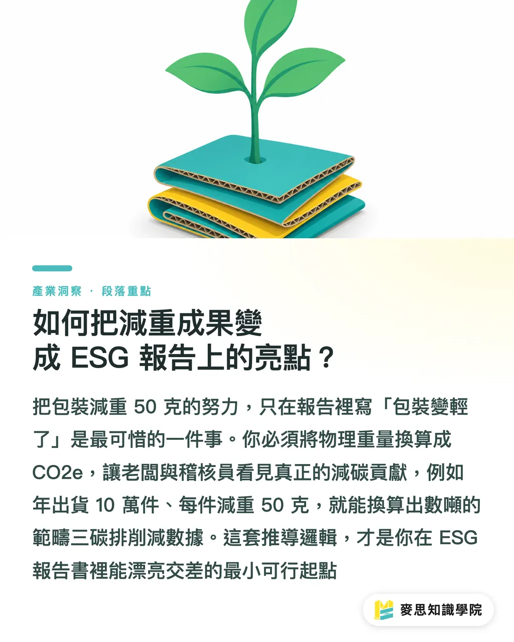 如何把減重成果變成 ESG 報告上的亮點?|包材減量不犧牲保護力:克重、結構與緩衝材的輕量化設計指南 段落重點