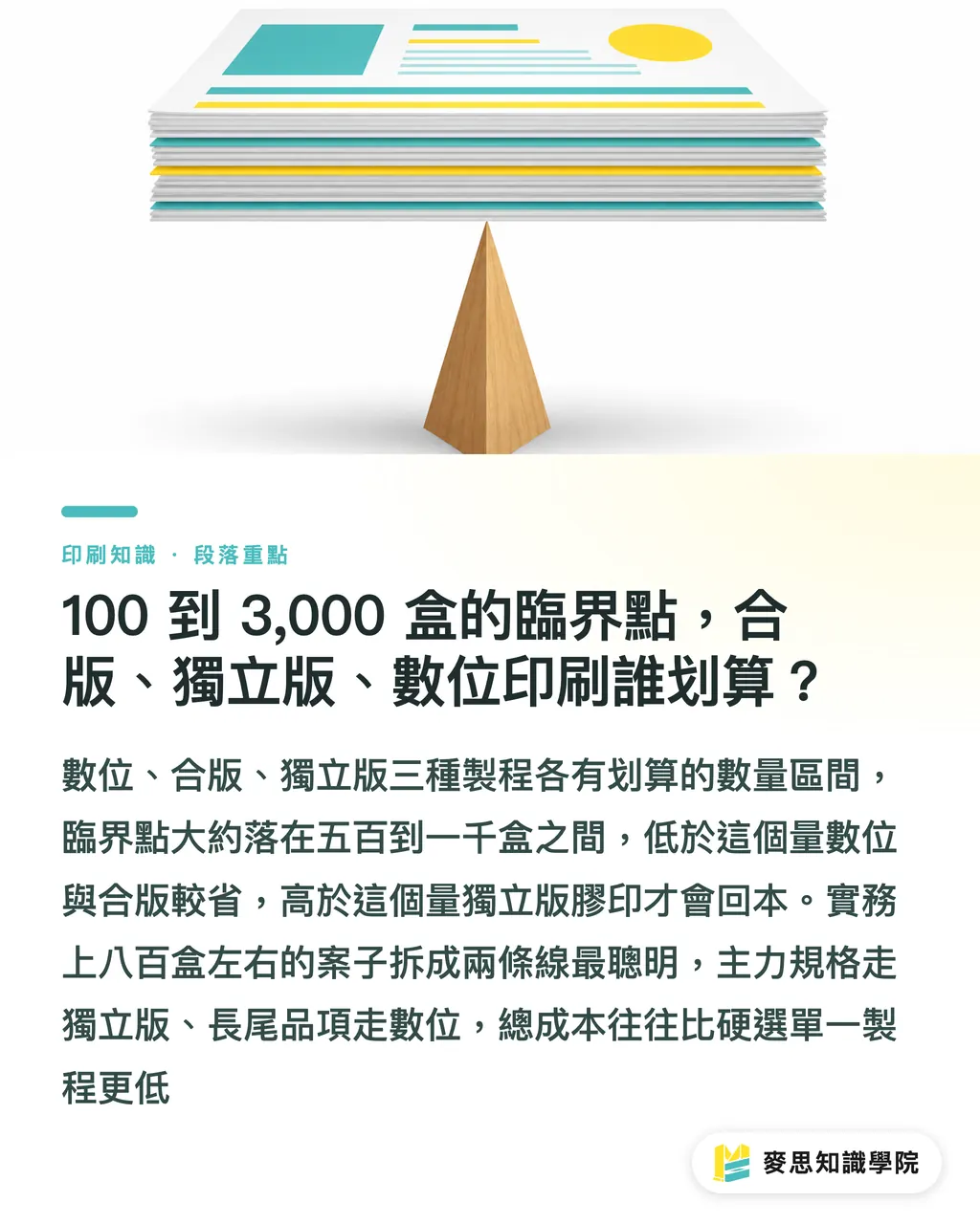 100 到 3,000 盒的臨界點,合版、獨立版、數位印刷誰划算?|少量多樣怎麼降本?共用刀模與數位印刷實戰拆解 段落重點