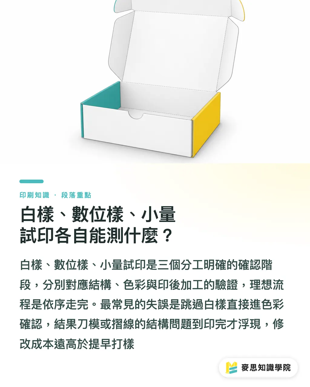 白樣、數位樣、小量試印各自能測什麼？｜包裝上架前要怎麼測：從白樣到貨架模擬的完整流程 段落重點