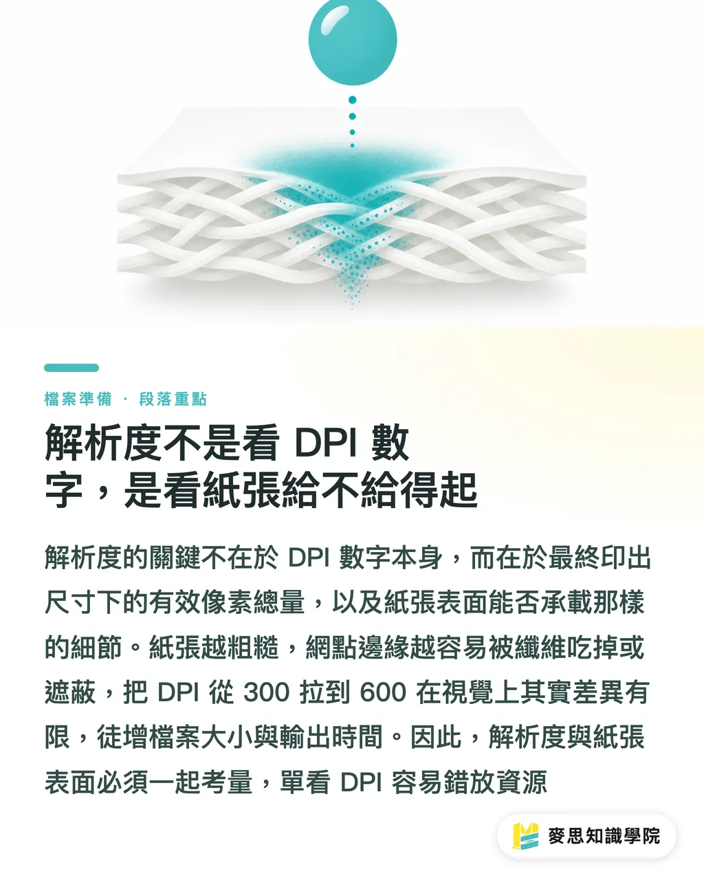 解析度不是看 DPI 數字，是看紙張給不給得起｜這個紙質配多少 DPI 才夠？紙質特性反推解析度的實戰法 段落重點