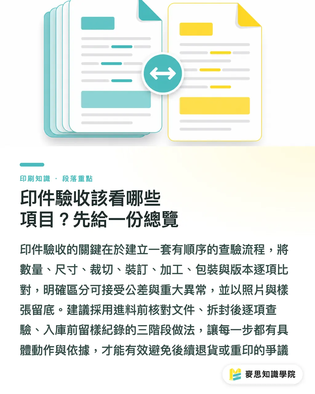 印件驗收該看哪些項目？先給一份總覽｜印件驗收到底要看什麼？一份從產線到客戶端的查驗清單
@@DEK@@驗收這件事，多數人是憑感覺在過。我把十幾年在印刷現場與客戶端的觀察整理成可執行的查驗流程，幫企業把驗收從主觀感覺變成可溝通、可追溯的工作底稿，減少補印、退貨與爭議 段落重點