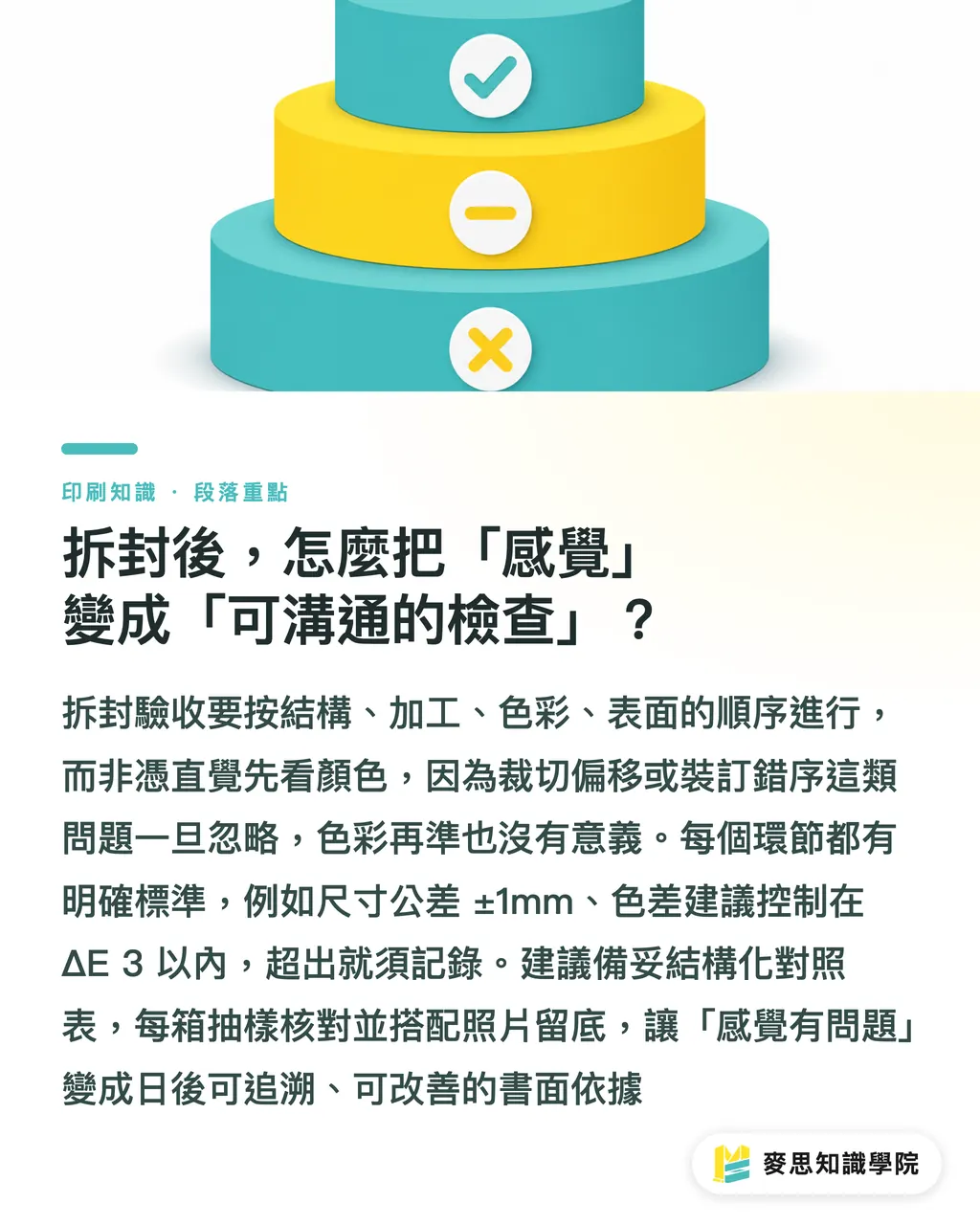 拆封後，怎麼把「感覺」變成「可溝通的檢查」？｜印件驗收到底要看什麼？一份從產線到客戶端的查驗清單
@@DEK@@驗收這件事，多數人是憑感覺在過。我把十幾年在印刷現場與客戶端的觀察整理成可執行的查驗流程，幫企業把驗收從主觀感覺變成可溝通、可追溯的工作底稿，減少補印、退貨與爭議 段落重點
