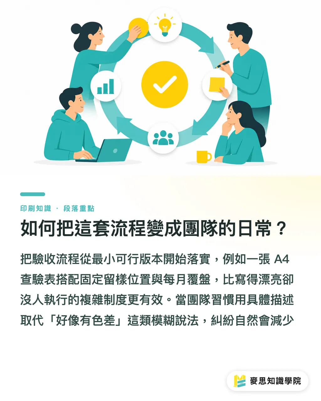 如何把這套流程變成團隊的日常?|印件驗收到底要看什麼?一份從產線到客戶端的查驗清單
@@DEK@@驗收這件事,多數人是憑感覺在過。我把十幾年在印刷現場與客戶端的觀察整理成可執行的查驗流程,幫企業把驗收從主觀感覺變成可溝通、可追溯的工作底稿,減少補印、退貨與爭議 段落重點