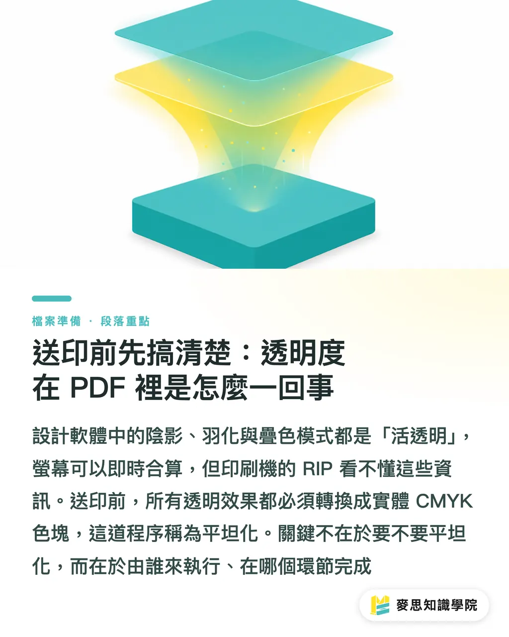 送印前先搞清楚：透明度在 PDF 裡是怎麼一回事｜透明效果送印要不要先平面化？給設計師的實務判斷指南 段落重點
