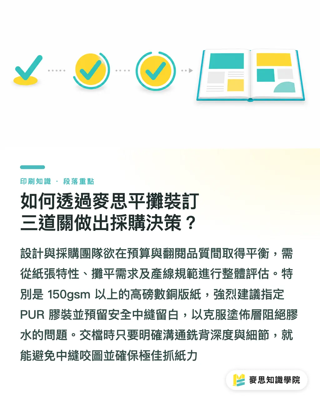 如何透過麥思平攤裝訂三道關做出採購決策？｜跨頁型錄打不開還掉頁？PUR膠與EVA熱熔膠裝訂採購決策指南 段落重點