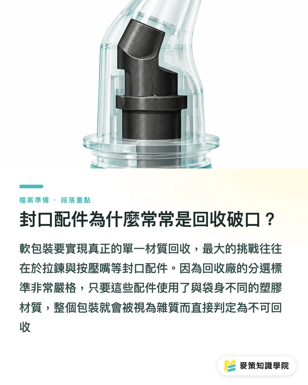 封口配件為什麼常常是回收破口？｜軟包裝封口別再複合了：單一材質配件實務 段落重點