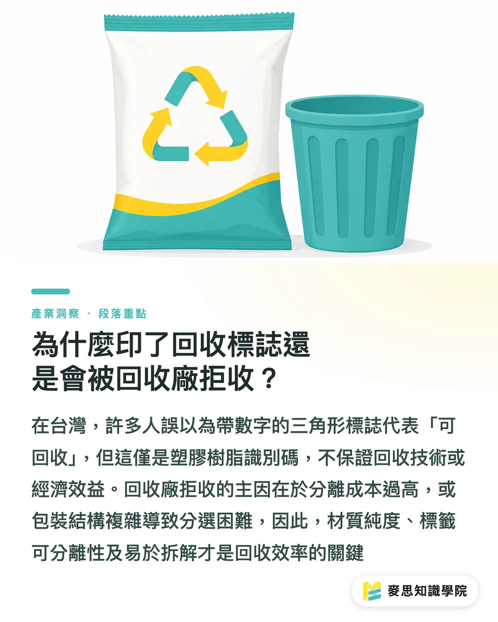 為什麼印了回收標誌還是會被回收廠拒收?|這樣設計丟回收桶也沒用:資深顧問拆解包裝結構的四大地雷 段落重點