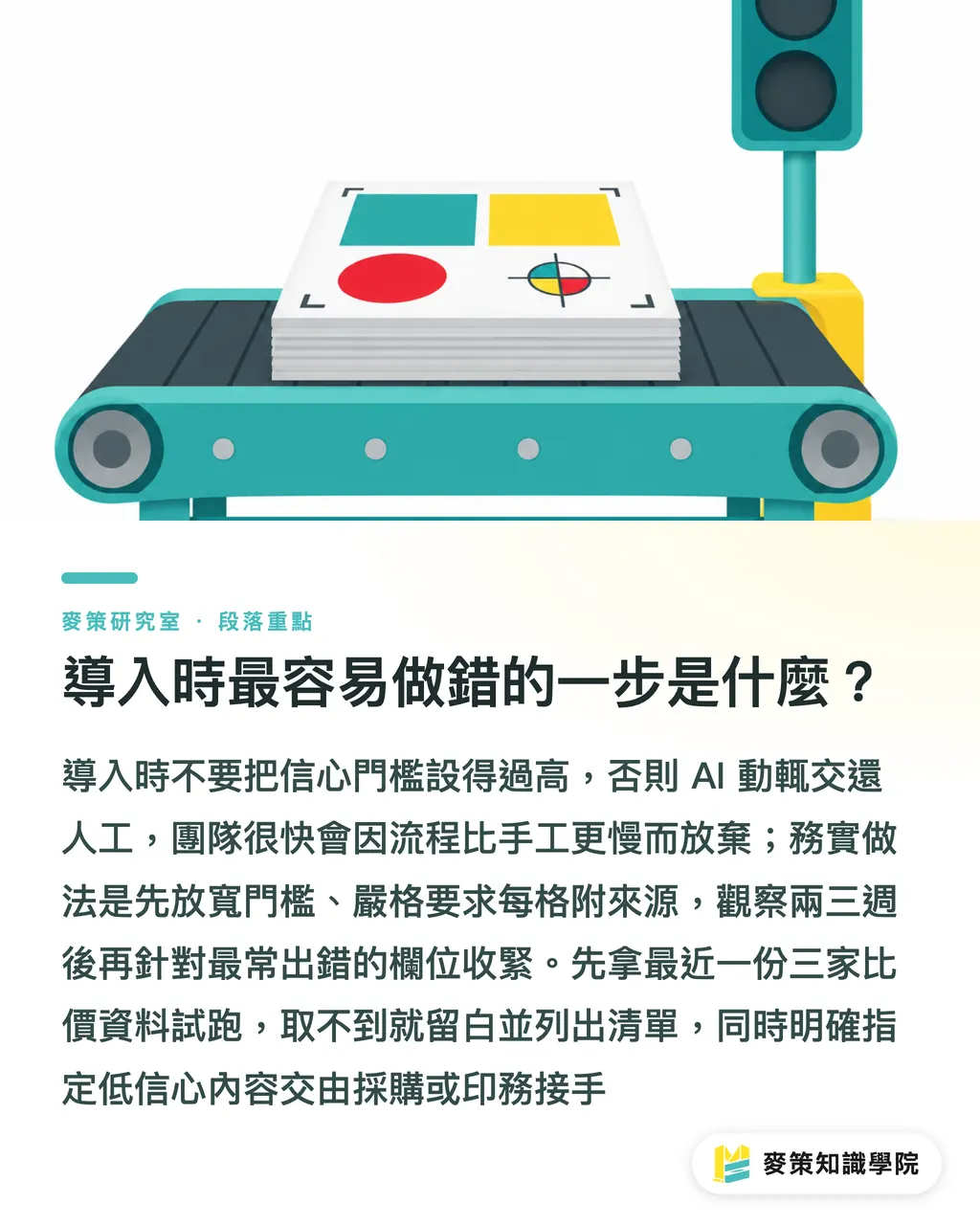 導入時最容易做錯的一步是什麼？｜AI 答不準時該閉嘴：印刷流程的信心門檻怎麼設 段落重點