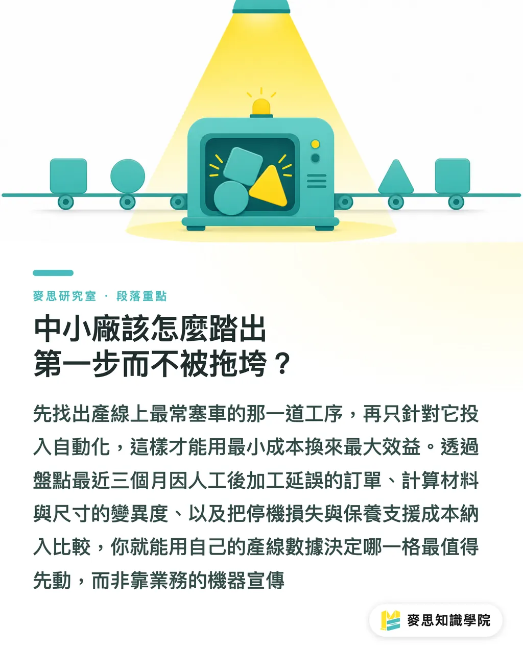 中小廠該怎麼踏出第一步而不被拖垮？｜後加工自動化的真相：你買的不是機器，是一條重算過的產線 段落重點