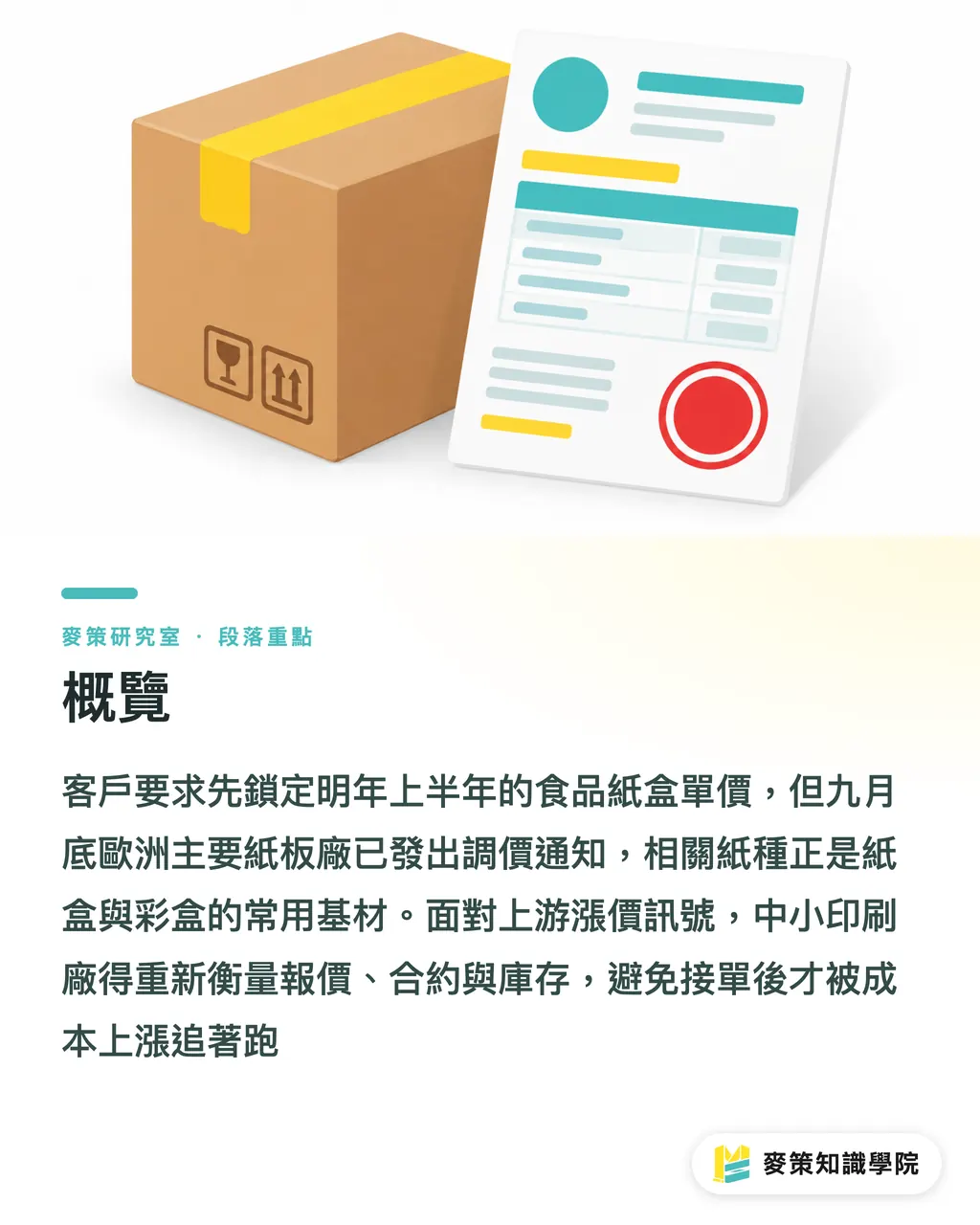 概覽｜MM 紙板每噸漲 €75：中小印廠的報價與庫存怎麼守 段落重點