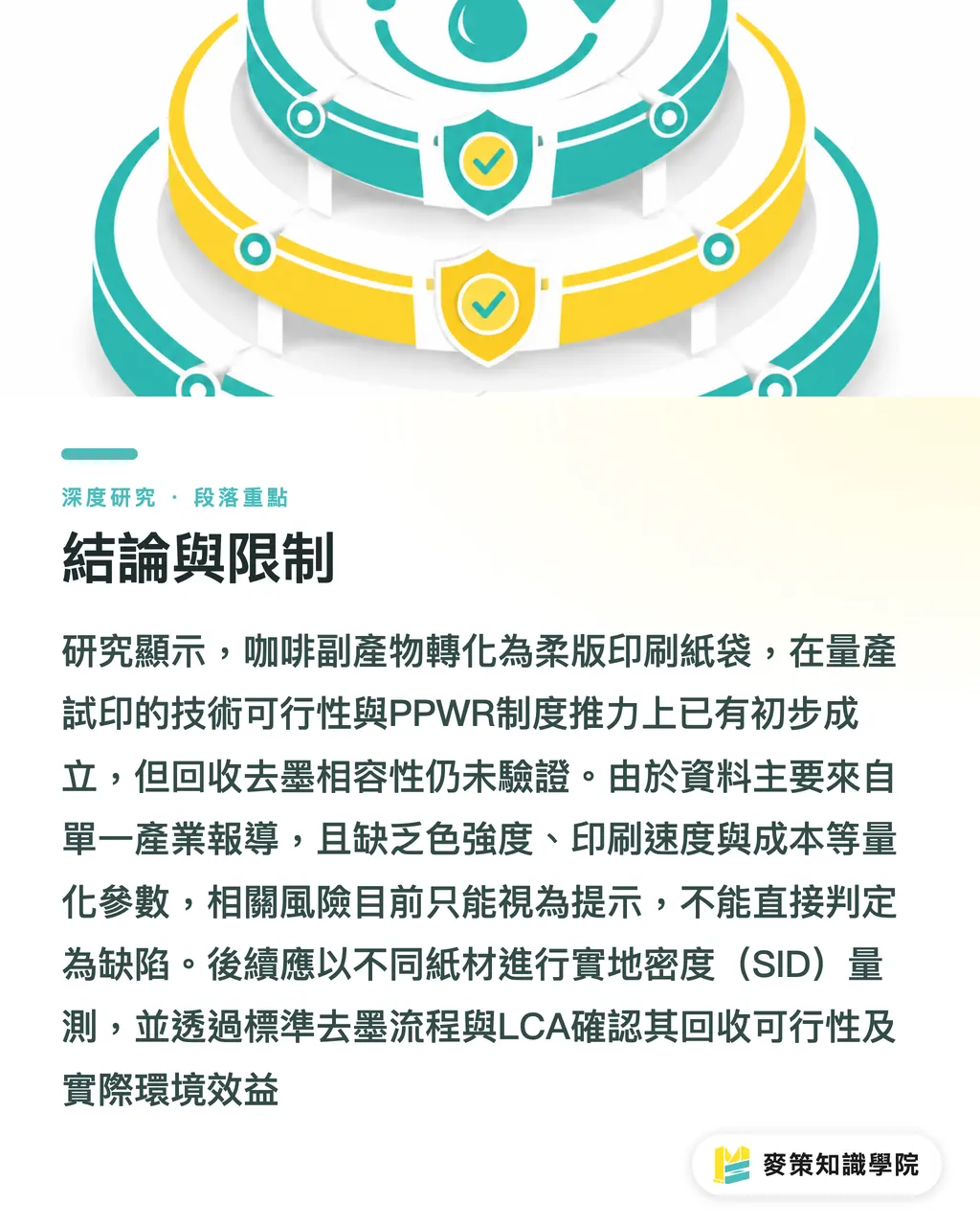 結論與限制|咖啡副產物色料到柔版紙袋:循環墨水的產業化路徑 段落重點