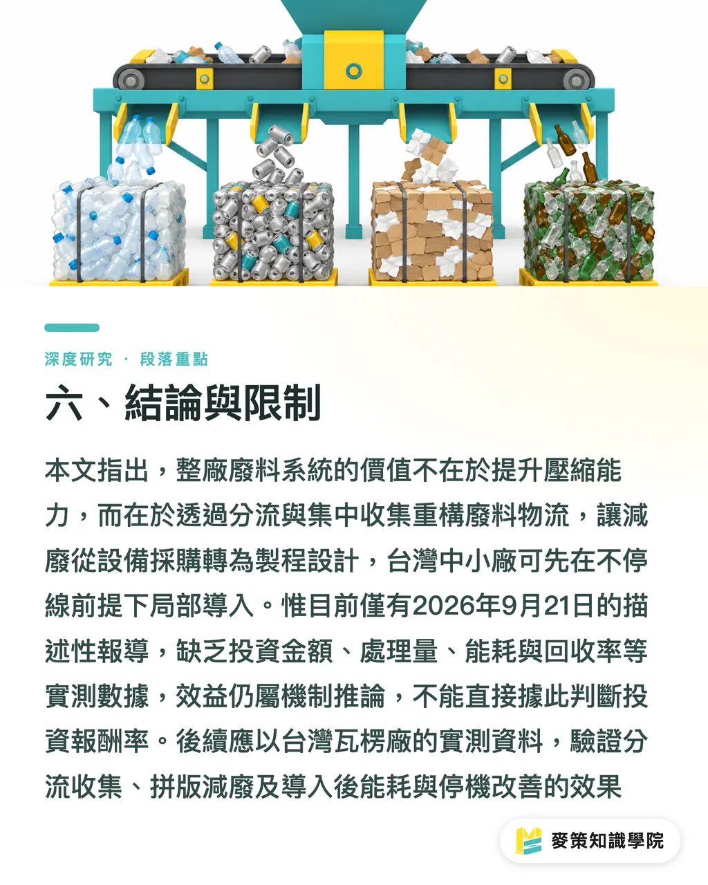 六、結論與限制|整廠廢料流設計:從單機打包機到系統級減廢的製程轉向 段落重點