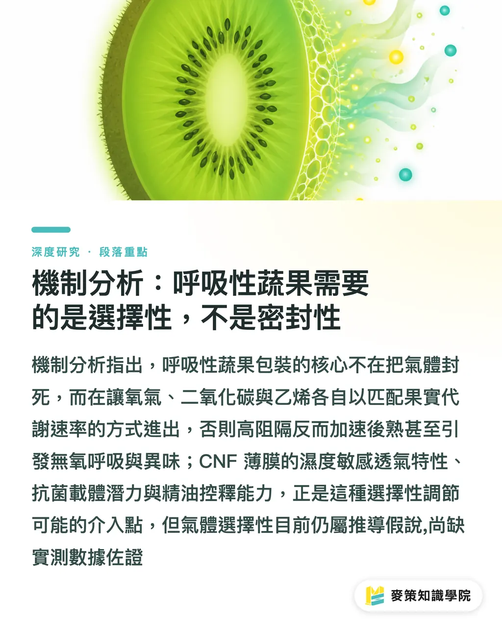 機制分析:呼吸性蔬果需要的是選擇性,不是密封性|奈米纖維薄膜與農產品主動式包裝:機制、證據與產業化限制綜述 段落重點