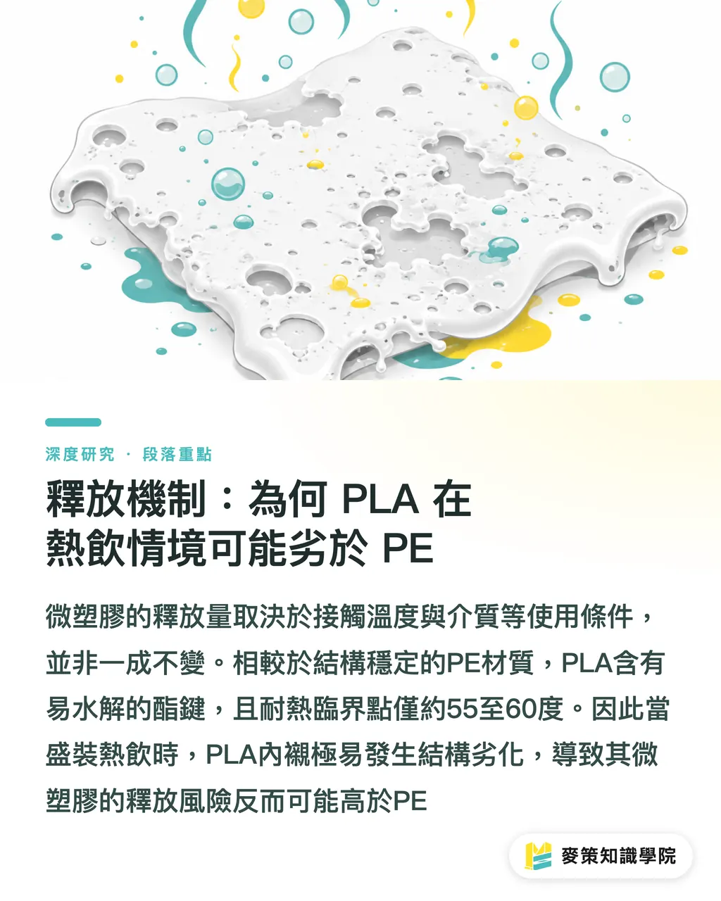 釋放機制：為何 PLA 在熱飲情境可能劣於 PE｜PLA 內襯杯的微塑膠釋放悖論：生物可降解材料的環境宣稱再檢視 段落重點