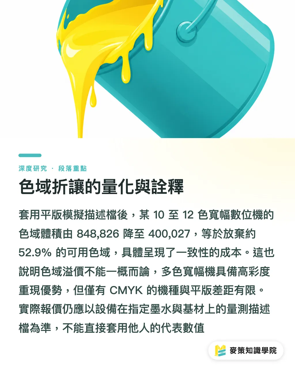 色域折讓的量化與詮釋｜寬幅印刷超越 CMYK：色域如何成為報價單上的加值欄位 段落重點