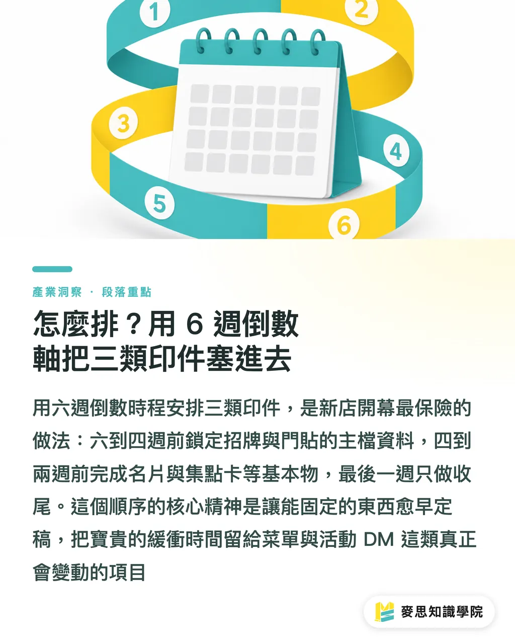 怎麼排?用 6 週倒數軸把三類印件塞進去|新店開幕印刷品怎麼排程?6 週倒數把招牌、菜單、名片一次搞定 段落重點