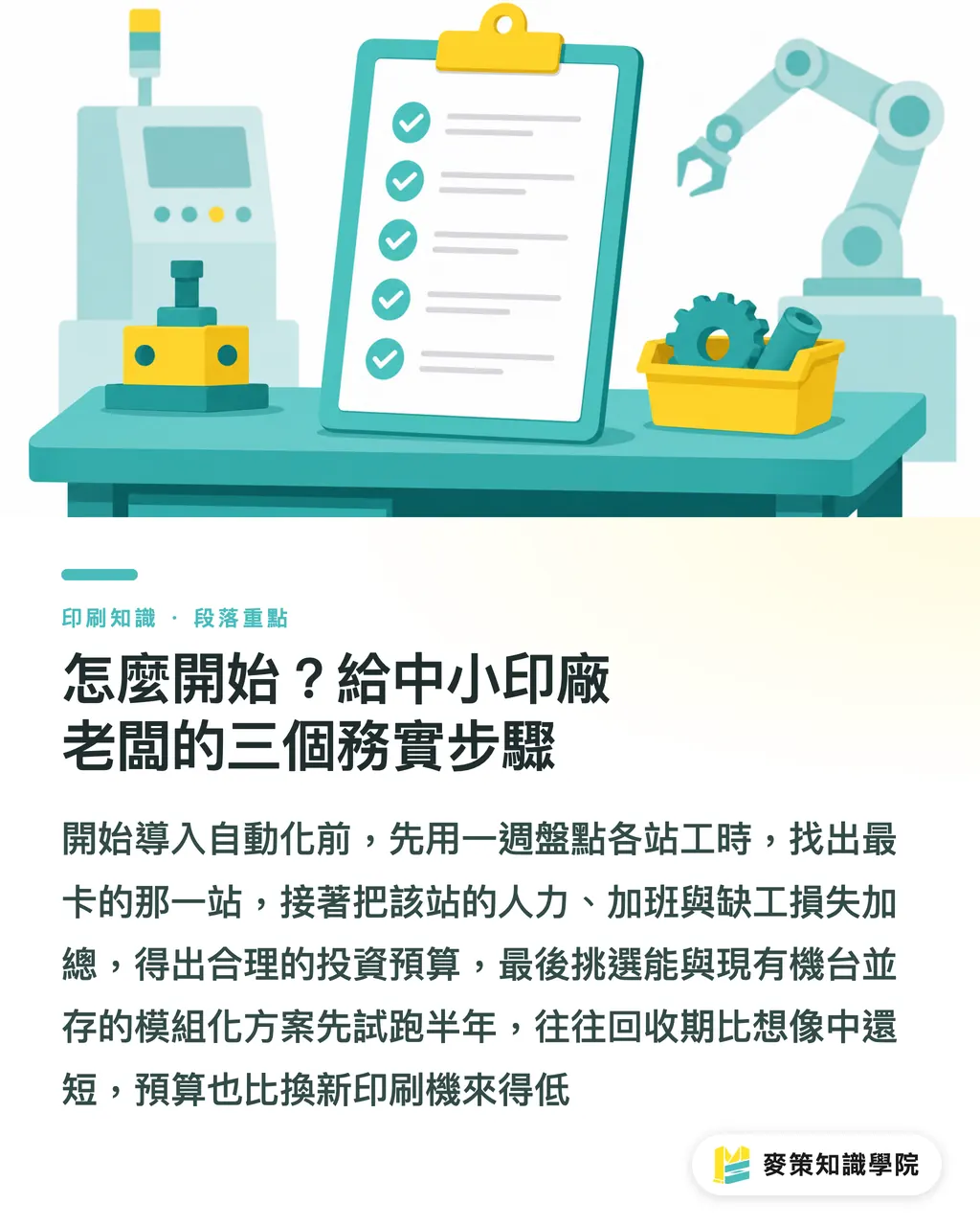 何から始めるべきか? 中小印刷会社の経営者が踏むべき現実的な3ステップ|ポストプレス自動化の波:Koenig & BauerとRobCoの提携が台湾の印刷会社にもたらす示唆 セクションの要点