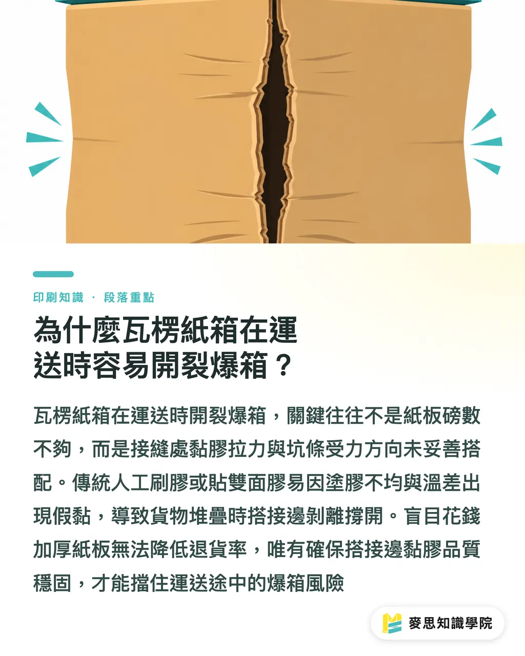 為什麼瓦楞紙箱在運送時容易開裂爆箱？｜瓦楞紙箱黏膠升級！防爆箱與結構耐重評估指南 段落重點