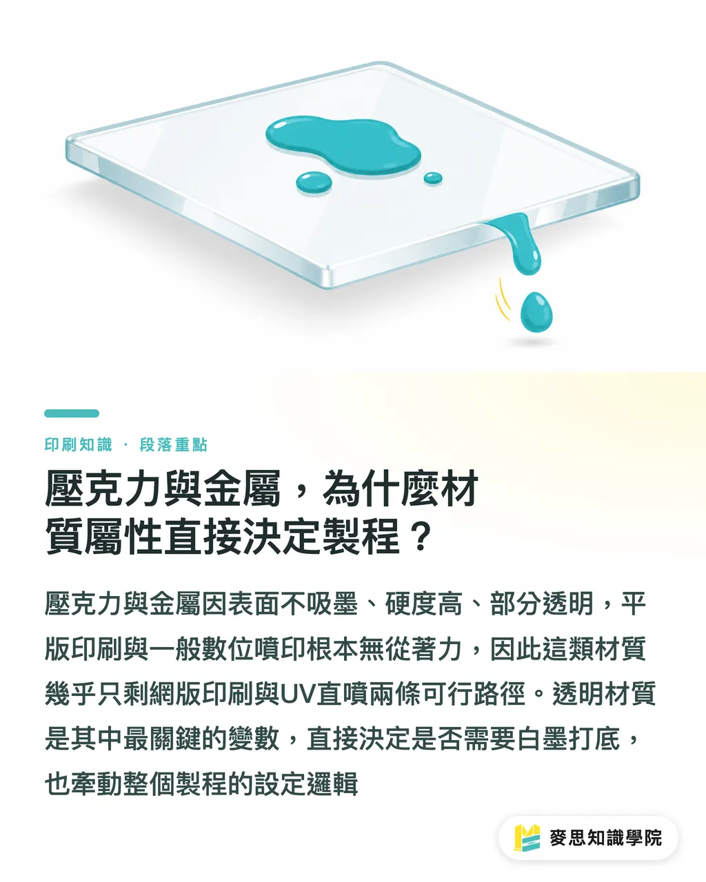 壓克力與金屬,為什麼材質屬性直接決定製程?|壓克力與金屬周邊印製:網版印刷與數位UV直噴怎麼選? 段落重點