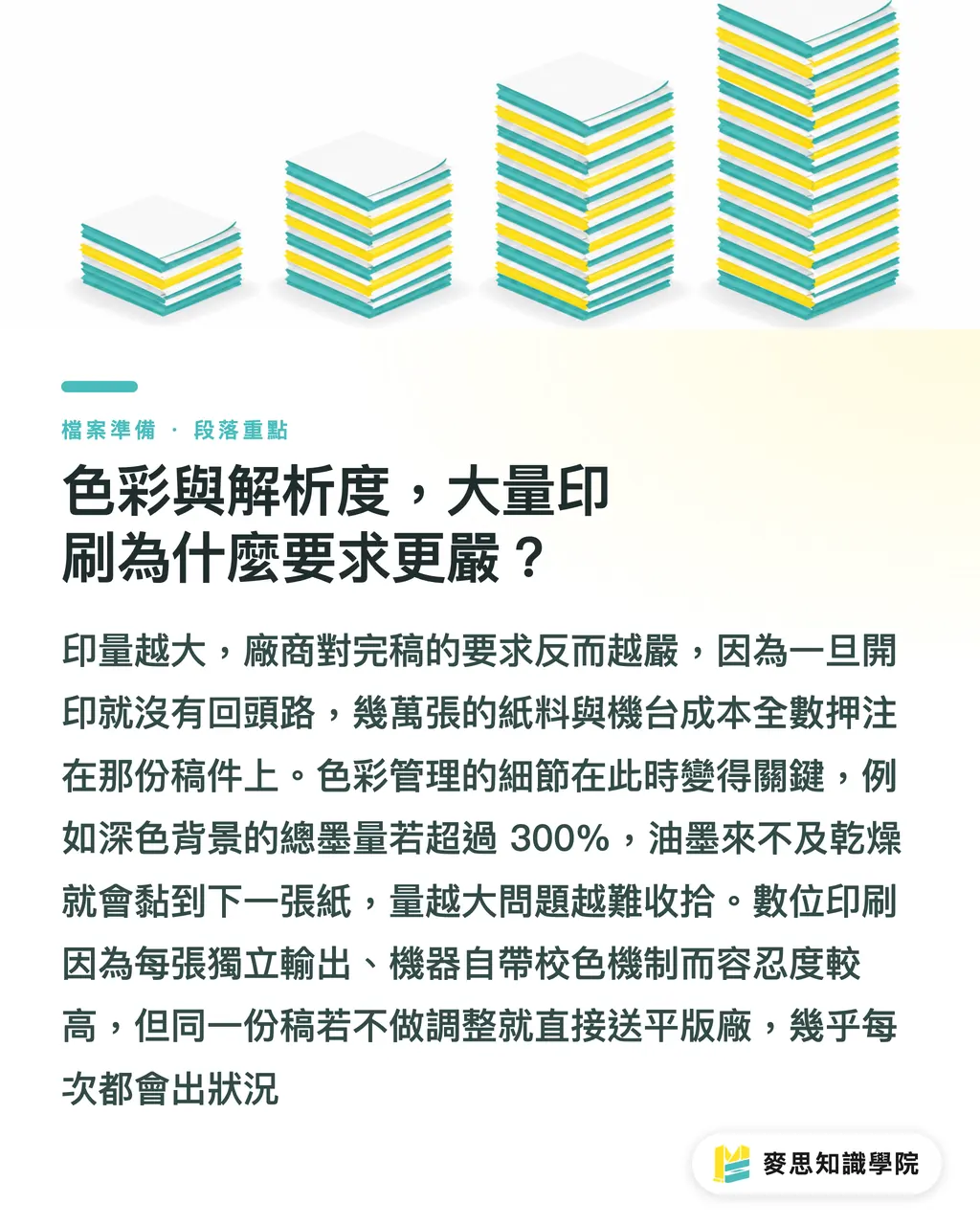 色彩與解析度，大量印刷為什麼要求更嚴？｜100 張與 10000 張不一樣？印刷量等級與完稿規格對應指南 段落重點