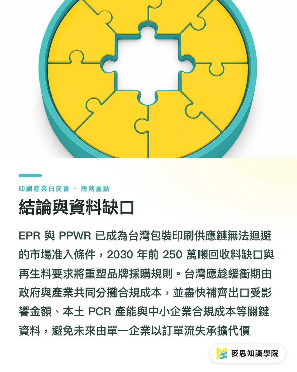 結論與資料缺口｜永續包裝法規全景：EPR 與 PPWR 時間表下的台廠應對（2026，2030 政策建言） 段落重點